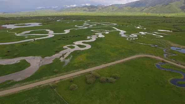 River system winding through green landscape valley