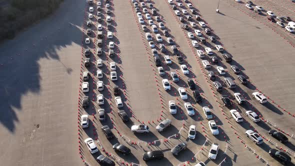 Aerial shot of cars at a testing site to receive the Coronavirus vaccine