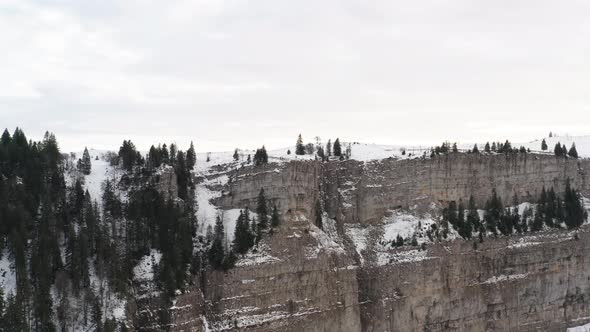 Aerial of snow and tree covered mountain ridge