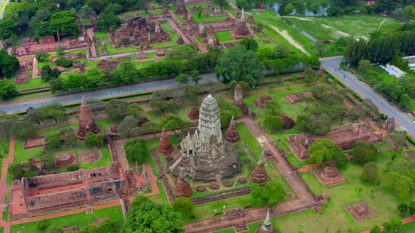 Aerial View of Ayutthaya Temple Wat Ratchaburana Empty During Covid in Phra Nakhon Si Ayutthaya
