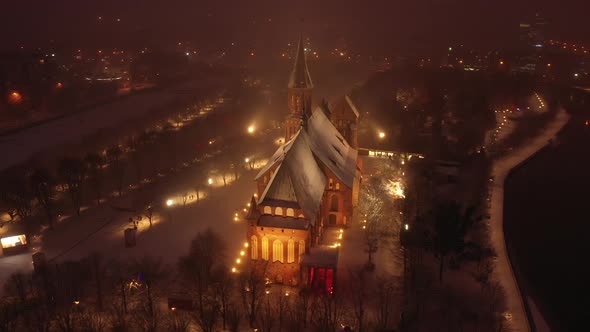 Aerial view of the Cathedral in Kaliningrad at the night in the wintertime