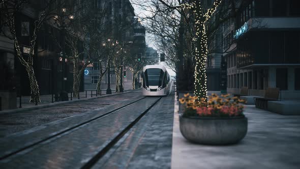 Modern tram on city street