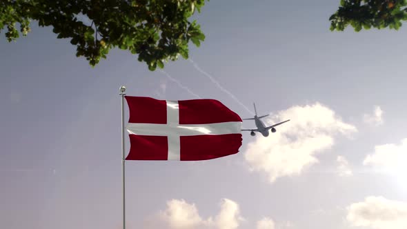 Denmark Flag With Airplane And City