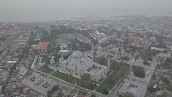 Aerial footage of Suleymaniye Mosque from a foggy day dlog 13