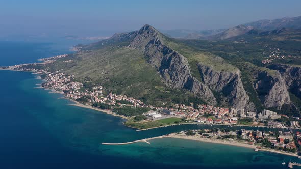 Omis, Croatia. Aerial view on the town. Vacation and adventure. Town and sea. 