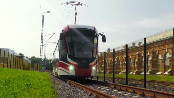 A Modern Electric Tram in Standing on the Rails