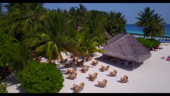 Aerial sky of idyllic coast beach time by transparent ocean and bright sandy background of a dayout 