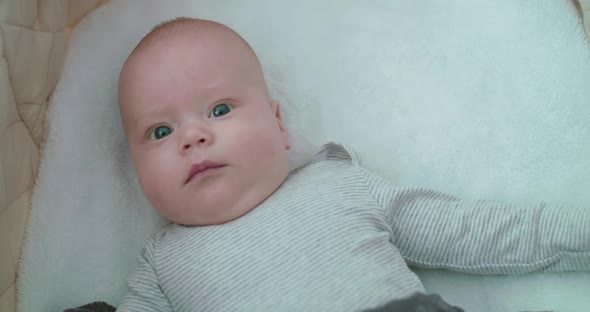 Top View of Cute Baby Boy Lying in Bed and Looking at Camera