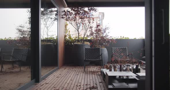 Apartment with Modern Style Terrace Japanese Trees and Wooden Floor