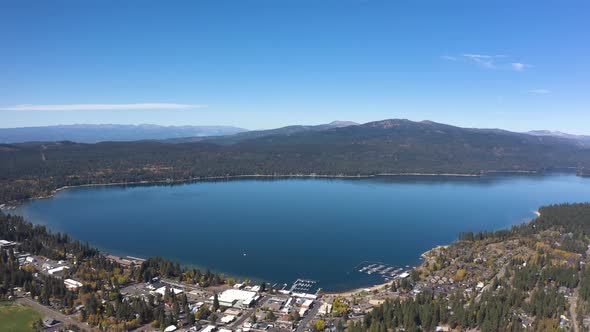 Orbiting aerial shot of Payette Lake in Idaho.