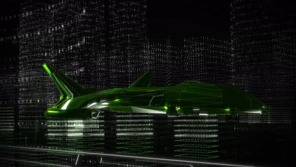 3D Model Of A Sci-fi Plane Hovering Through The Matrix City At A Server Software