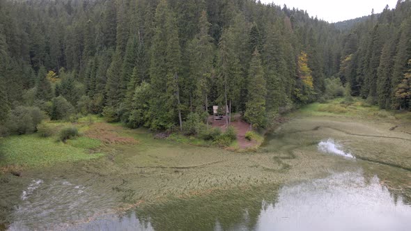 Tourists Hikers Enjoying the View Mountains Lake in Ukrainian Carpathian Mountains