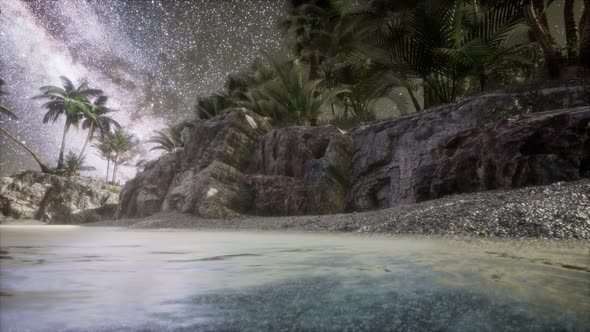 Beautiful Fantasy Tropical Beach with Milky Way Star in Night Skies