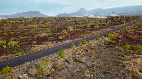 Top View of a Car Rides Along a Desert Road