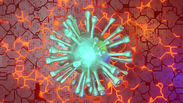 3D visualisation of a virus over processing electronic circuit board