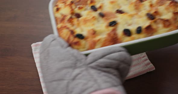 Homemade baked bread pudding on the table