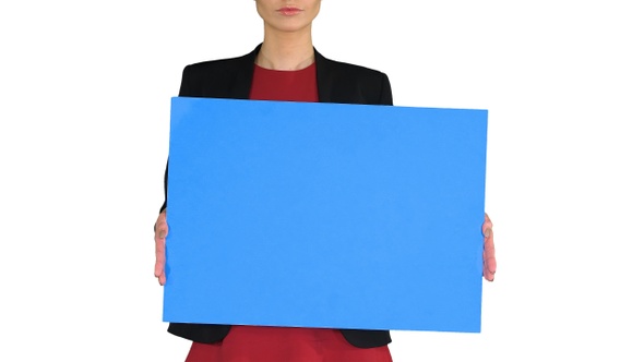 Businesswoman Holding Blank Whiteboard Sign on White Background