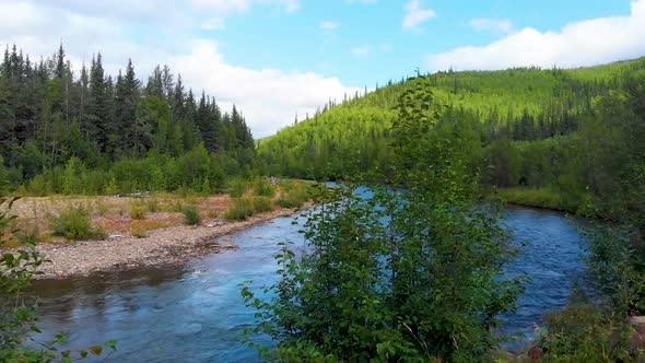 4K Drone Video (truck left shot) of Chena River at Angel Rocks Trailhead near Chena Hot Springs Reso