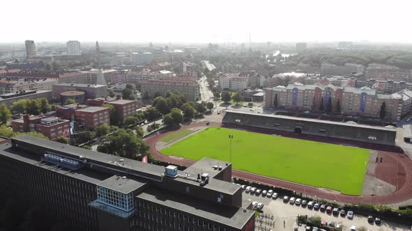 Areal view of Athletics field in Malmö, Sweden on summer day