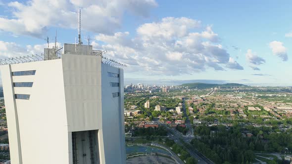 Aerial of Montreal with the Olympic Stadium