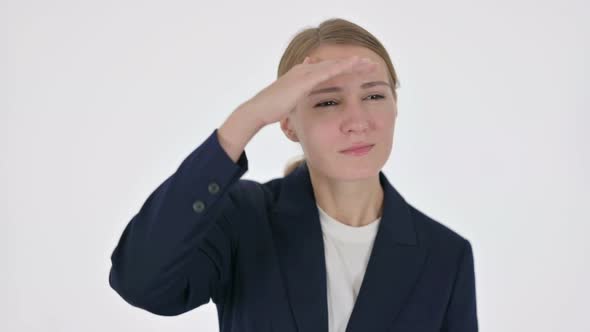 Young Businesswoman Looking Around Searching White Screen