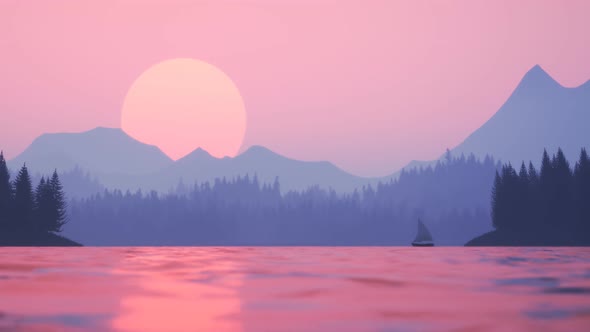 Small sailboat timelapse during the sunset. Pink sky and big sun in background