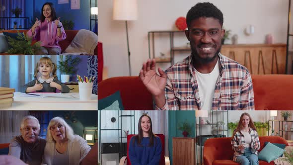 Multiscreen Portrait of Happy People Making Online Video Conference Call with Friends Waving Hello