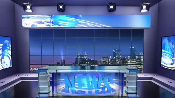 TV News Virtual Studio With Night City Background And Floodlights 3