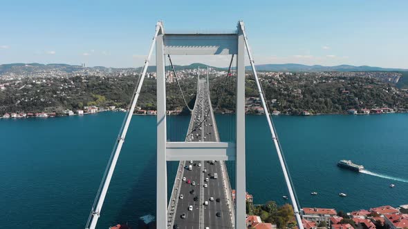 Aerial view of Fatih Sultan Mehmet Bridge and car traffic