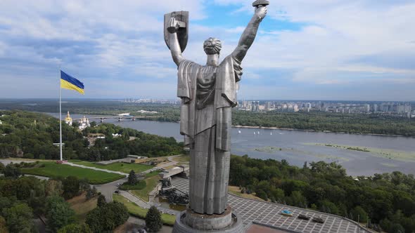 Motherland Monument in Kyiv, Ukraine By Day. Aerial View