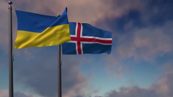 Iceland Flag Waving Along With The National Flag Of The Ukraine - 4K