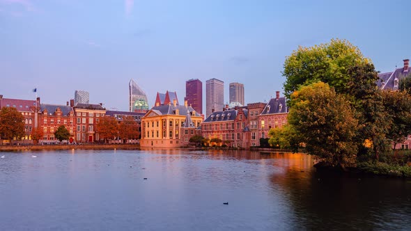 Day to Night Time Lapse from Den Haag with clouds and Binnenhof at sunset, Zuid-Holland, The Netherl