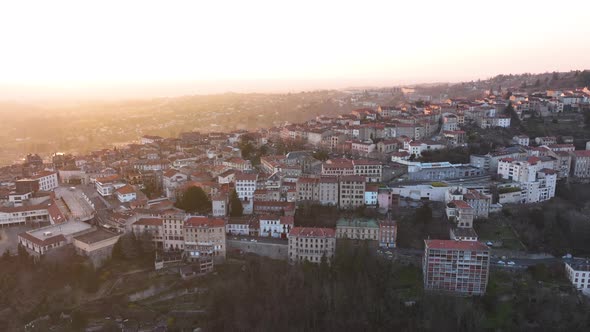 Aerial View of Dense Historic Center of Thiers Town in PuydeDome Department AuvergneRhoneAlpes