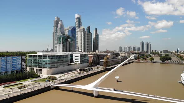 Aerial Over Puente de la Mujer in Puerto Madero, Argentina