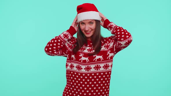 Adult Happy Cute Girl in Christmas Sweater Listening Music Dancing Disco Fooling Around Having Fun