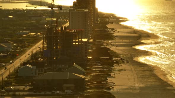 Aerial Video Sunrise Over Condo Construction On Gulf Shores Alabama