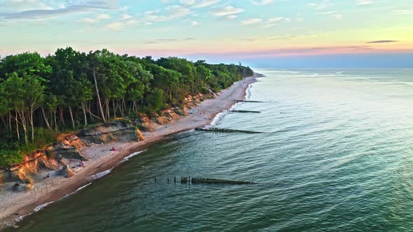 Stunning aerial view of beach at sunset, Baltic Sea