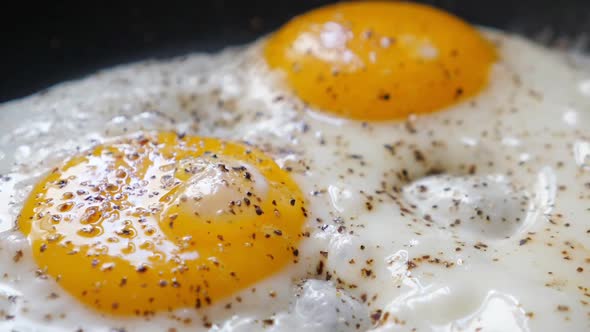 Cooking Fried Eggs on Frying Pan, Closeup