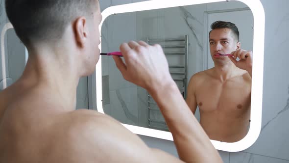 Mirror Reflection Young Bare Man Brushing His Teeth Toothbrush Toothpaste Morning Doing Hygiene