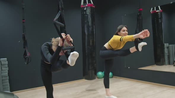 Two Young Fitness Women Doing Stretch Exercise with Trx Fitness Straps in the Gym