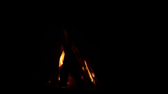 Small Bonfire with Chopped Wood Closeup on a Black Background