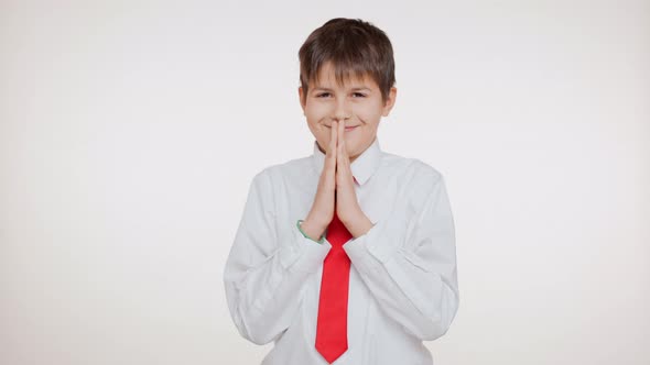 Smiling Young School Kid in Red Tie Rubbing His Hands in Enjoyment Standing on White Background