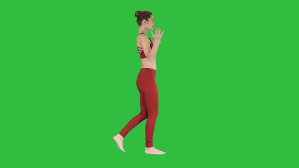 Young Woman Practicing Breathing Exercise and Walking On