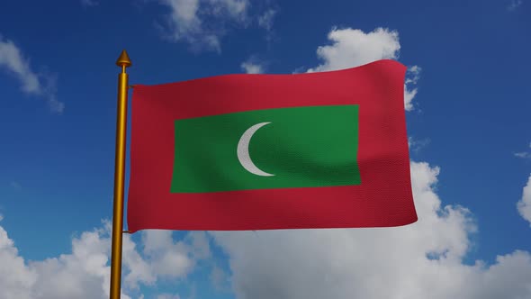 National Flag of the Maldives waving with flagpole and blue sky timelapse