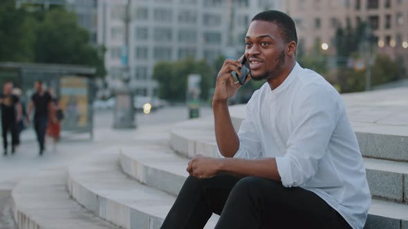 Afro American Business Man African Student Ethnic Black Guy Sitting on Steps in City Outdoors