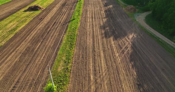 Aerial view of a land with sown fields in countryside. Landscape agriculture. Countryside. Top view