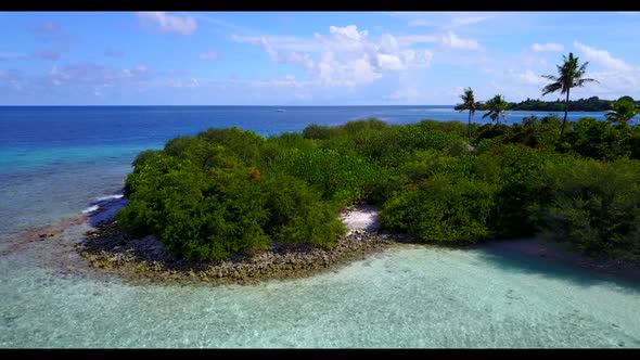 Aerial flying over tourism of tranquil shore beach time by turquoise lagoon and white sand backgroun