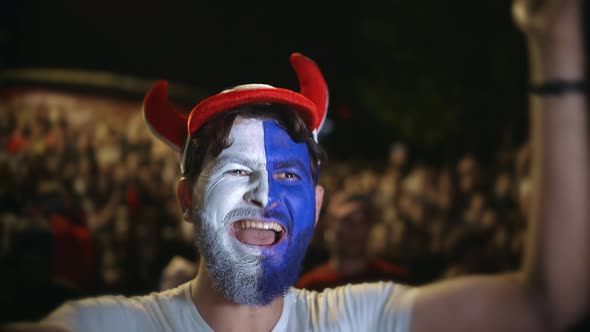 Frenchman Fan Scream Rejoices Goal Favorite Team, Jumping Friend Backdrop Crowd
