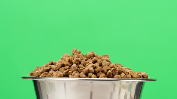 Dried Dog Food in Metal Bowl Closeup Rotating