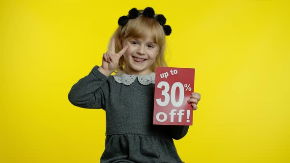 Child Girl Showing Up To 30 Percent Off Inscription, Rejoicing Discounts for Online Shopping Sales